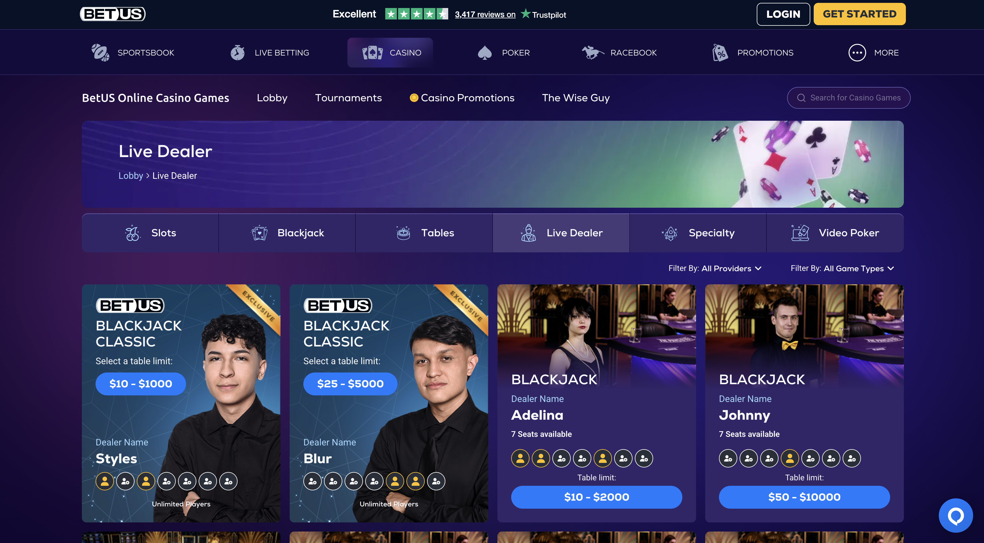 BetUS live dealer blackjack tables preview